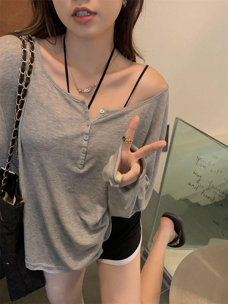 Gray t-shirt women's thin long-sleeved sun protection shirt summer design niche loose blouse top