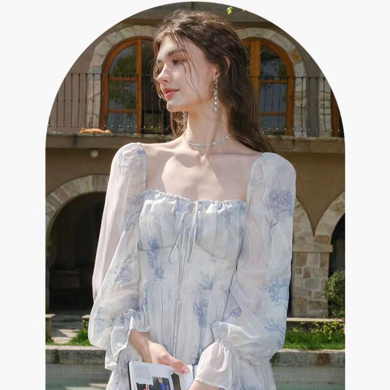 Square neck tea break French dress for women spring and summer halter neck one shoulder fairy floral skirt seaside vacation dress