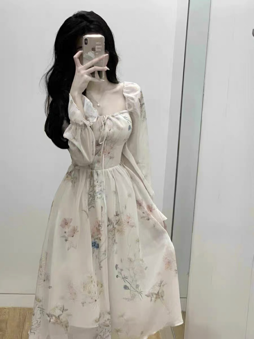 Spring women's 2024 new floral chiffon tea break sweet and gentle style long-sleeved French fugitive princess dress