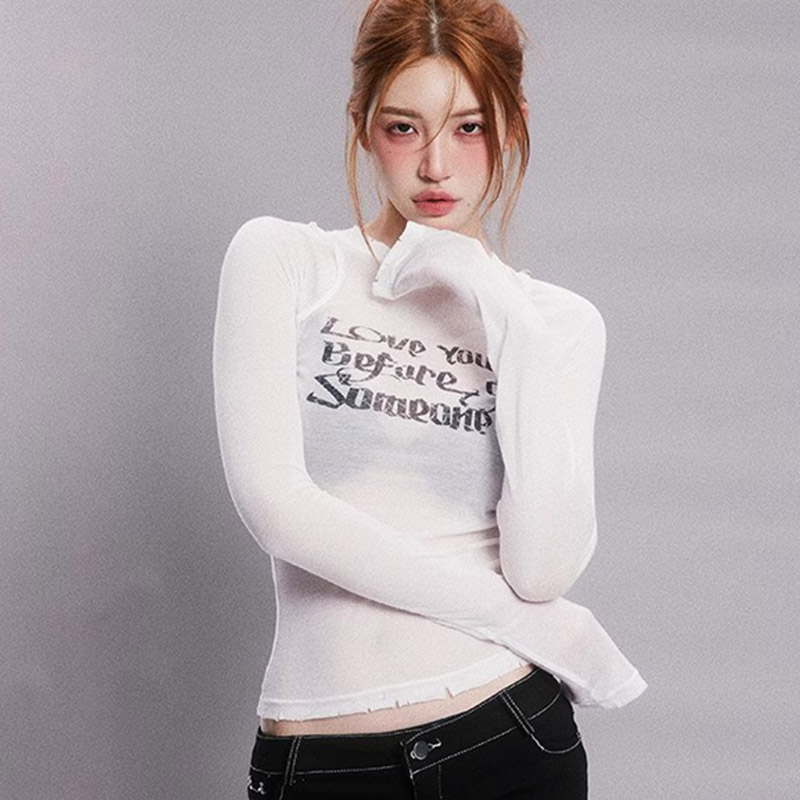 Spring and Autumn New Style Pure Desire Hot Girl Slim Long Sleeve T-Shirt Slightly Transparent Printed Sunscreen Summer Bottoming Shirt Top