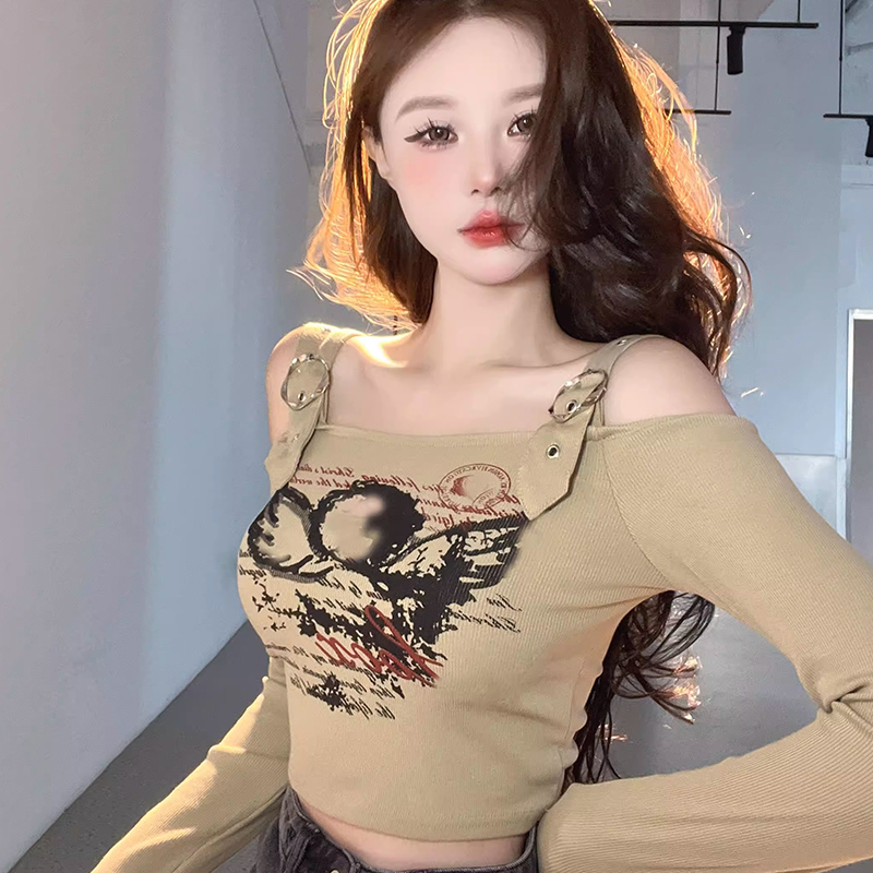 Printed long-sleeved T-shirt for women in spring and autumn hot girls short one-shoulder off-shoulder top with niche design