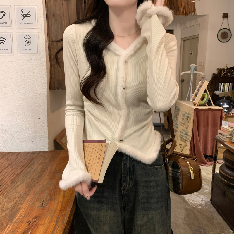 實拍 秋季新款拼接毛絨修身收腰顯瘦法式V領喇叭長袖T恤女