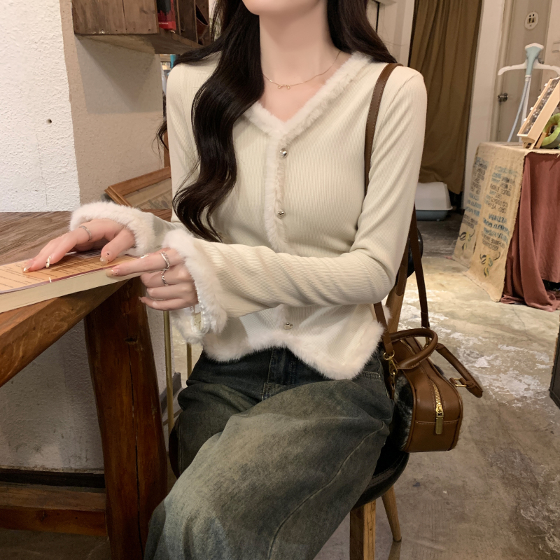 實拍 秋季新款拼接毛絨修身收腰顯瘦法式V領喇叭長袖T恤女