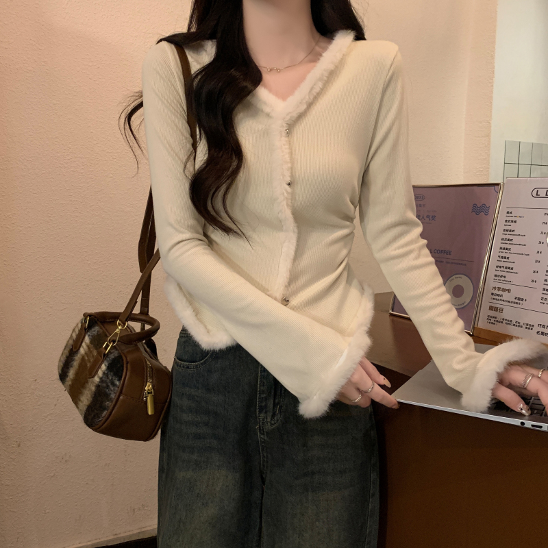 實拍 秋季新款拼接毛絨修身收腰顯瘦法式V領喇叭長袖T恤女