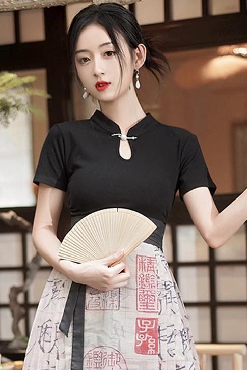官图 设计感小众改良旗袍中式国风上衣黑色正肩短袖t恤女春夏
