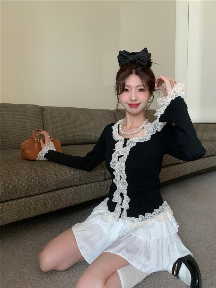 Real shot Spring~French style pure lust style slim long-sleeved lace fungus-edged knitted cardigan