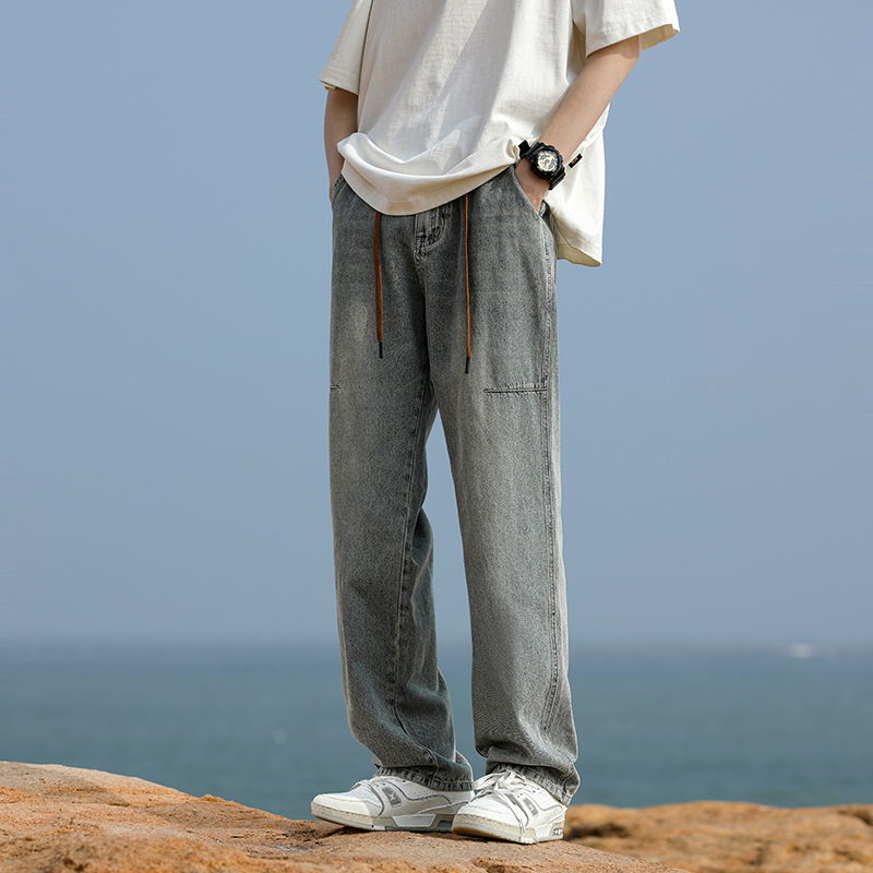 實拍2024春夏薄款男褲潮流個性時尚休閑直筒松緊腰抽繩窄版牛仔褲