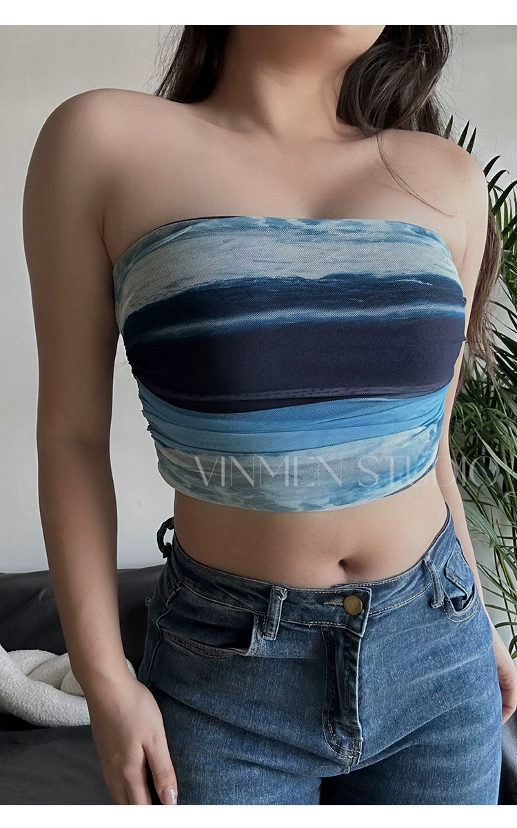French niche sexy tie-dye mesh tube top with tight vest and short crop top with breast pads, trendy