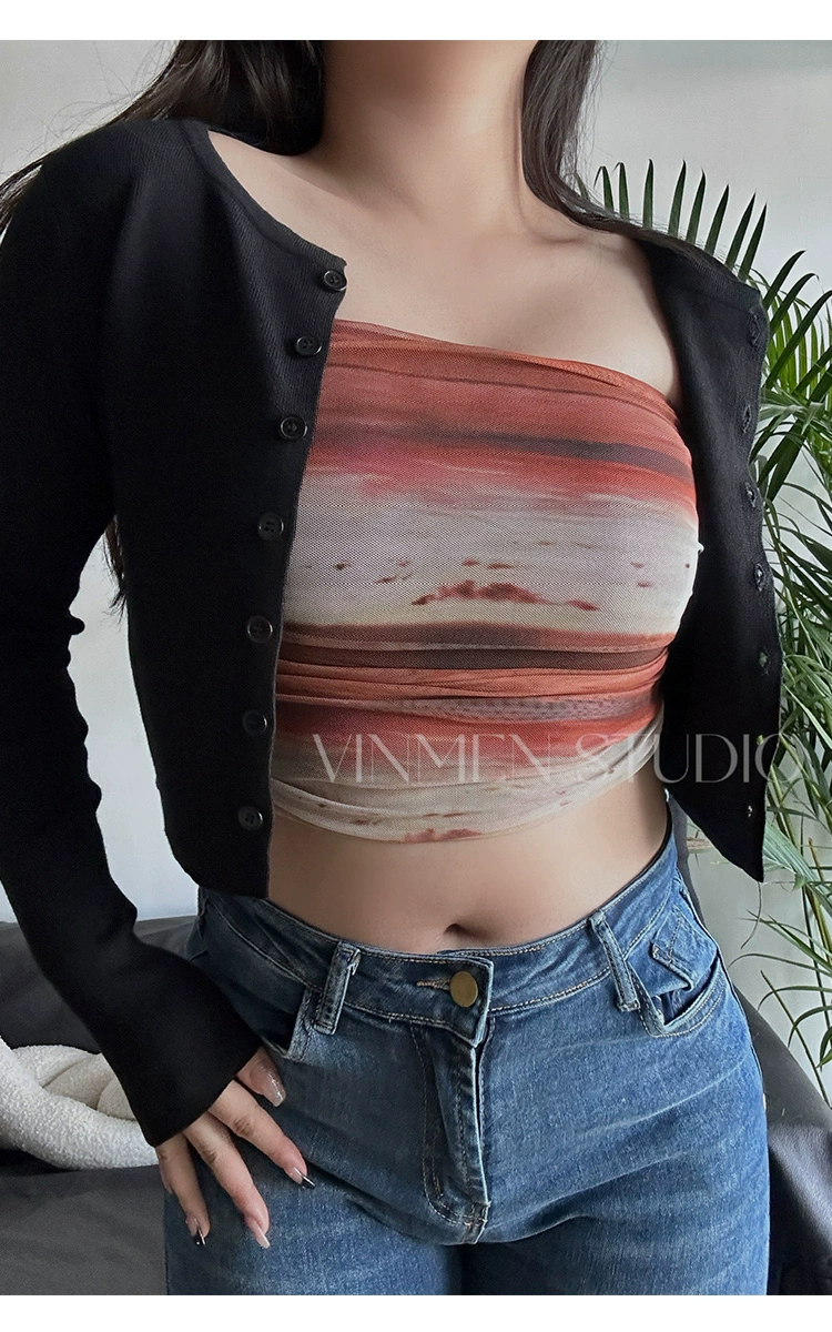 French niche sexy tie-dye mesh tube top with tight vest and short crop top with breast pads, trendy