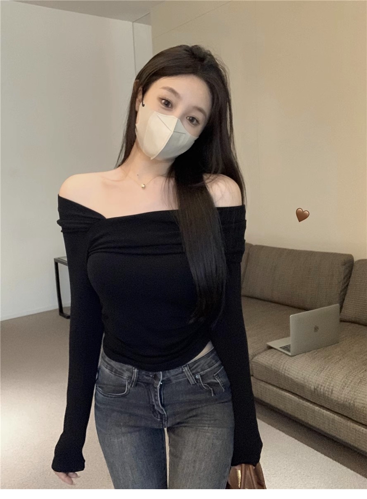 Hot girl one-shoulder T-shirt women's spring and autumn new style personalized design solid color temperament top chic bottoming shirt