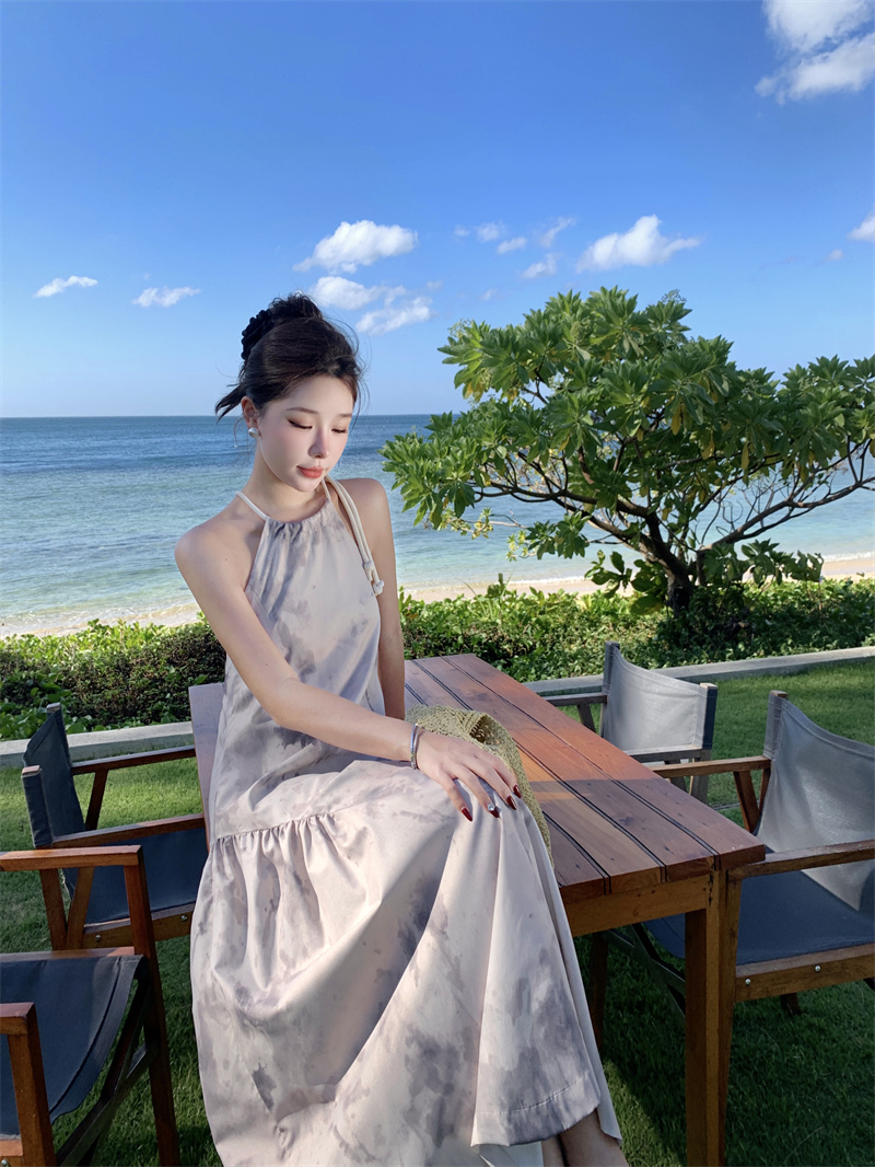 2024SS 獨立設計 手工麻繩編織水墨印花露背度假連衣裙長裙