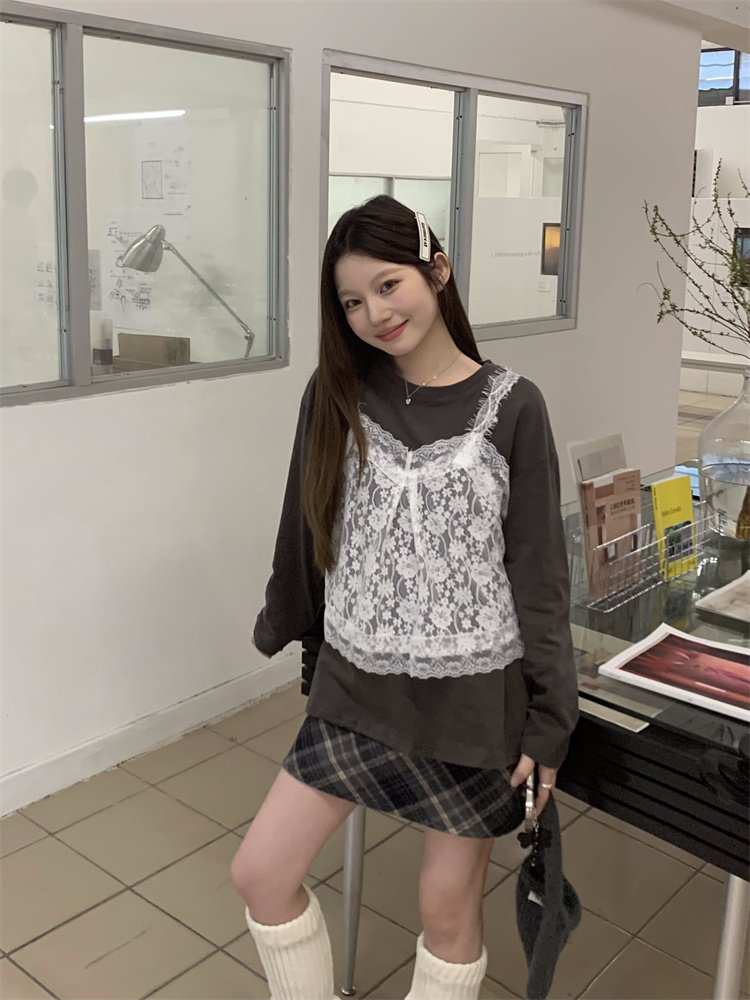 Real shot!  Korean style lace crochet camisole + solid color long-sleeved bottoming T-shirt top set