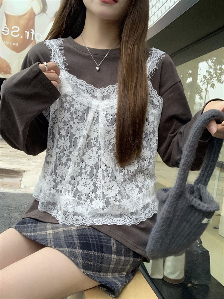 Real shot!  Korean style lace crochet camisole + solid color long-sleeved bottoming T-shirt top set