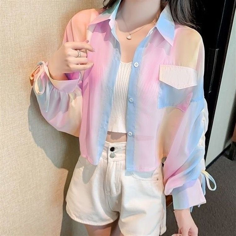 Rainbow Sun Protection Clothing for Women Summer 2024 New Loose Thin Style Western Style Smocked Long Sleeve Cardigan Jacket