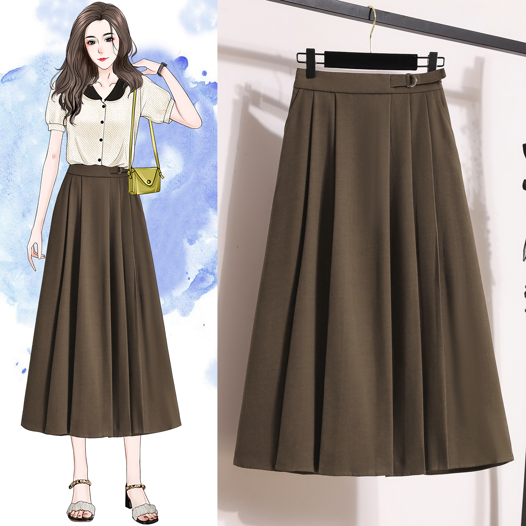 7433 Real shot ~ Large size suit, high waist, pleated suit skirt, women's high waist slimming crotch-covering A-line skirt