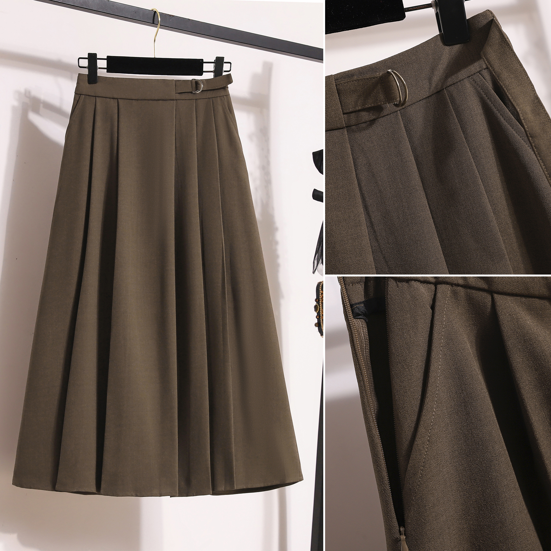 7433 Real shot ~ Large size suit, high waist, pleated suit skirt, women's high waist slimming crotch-covering A-line skirt