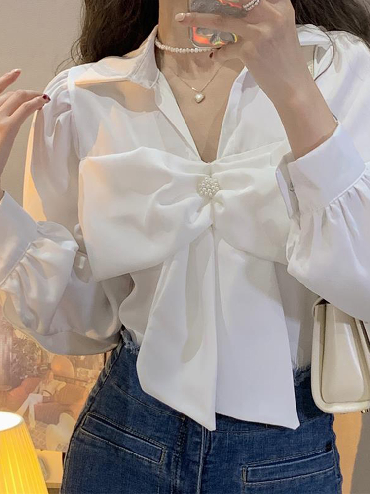 High quality bow design V-neck shirt women's autumn new style small French style