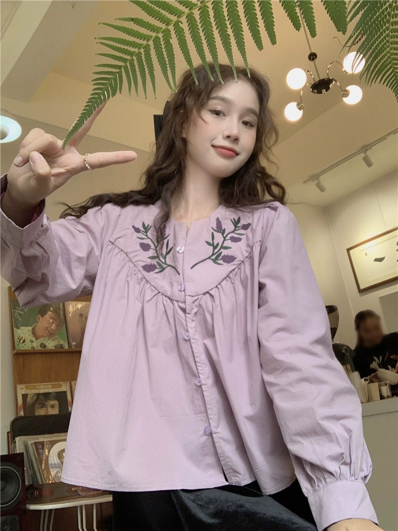 高品质刺绣长袖衬衫秋季新款时尚气质紫色温柔设计