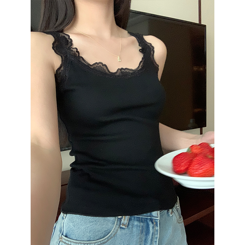 Real shot of lace stitching thread camisole women's 2024 slim fit inner wear outer bottoming shirt