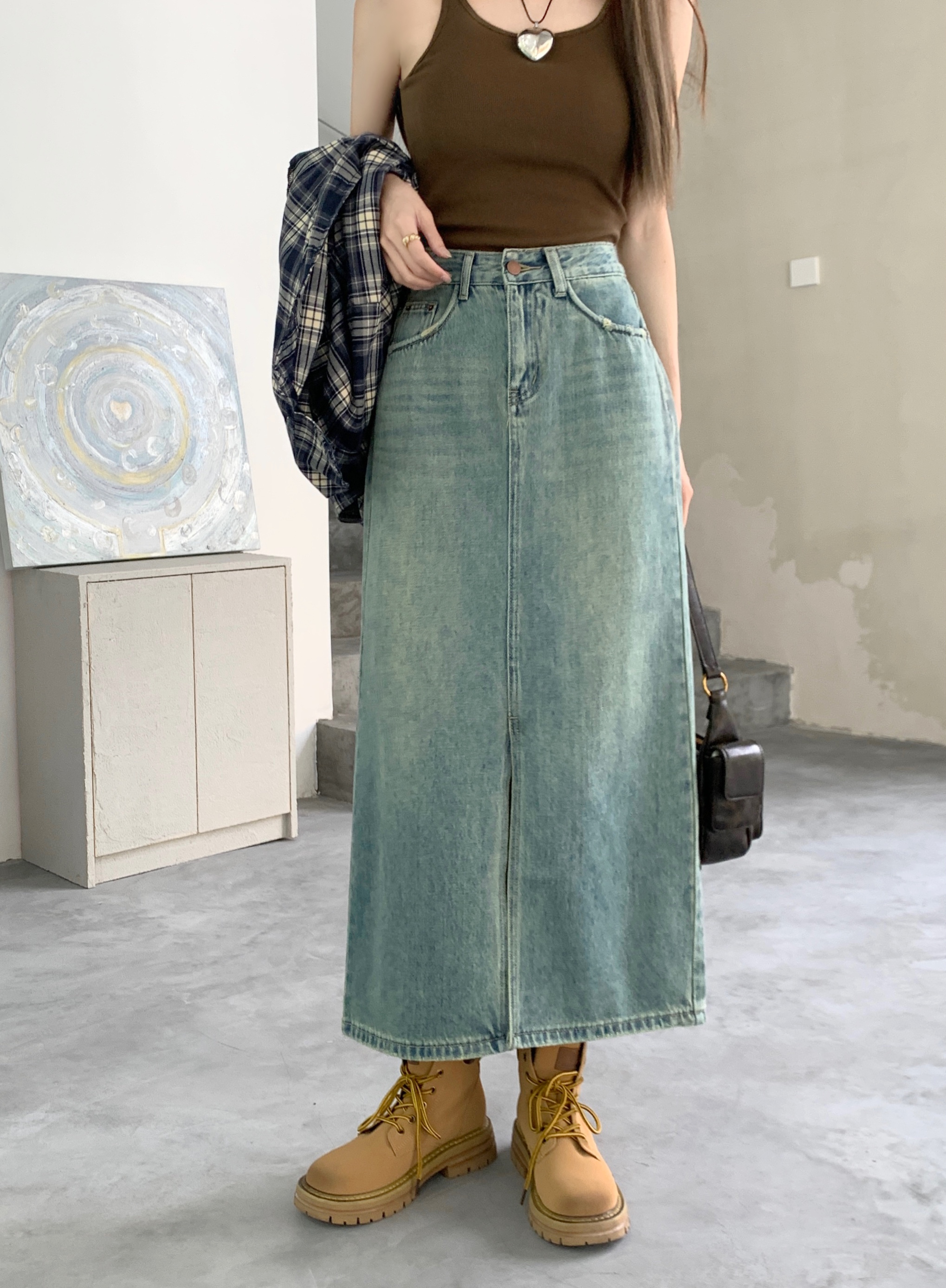 Actual shot ~ Retro washed high-waist slim denim skirt for women in spring niche design slit long skirt