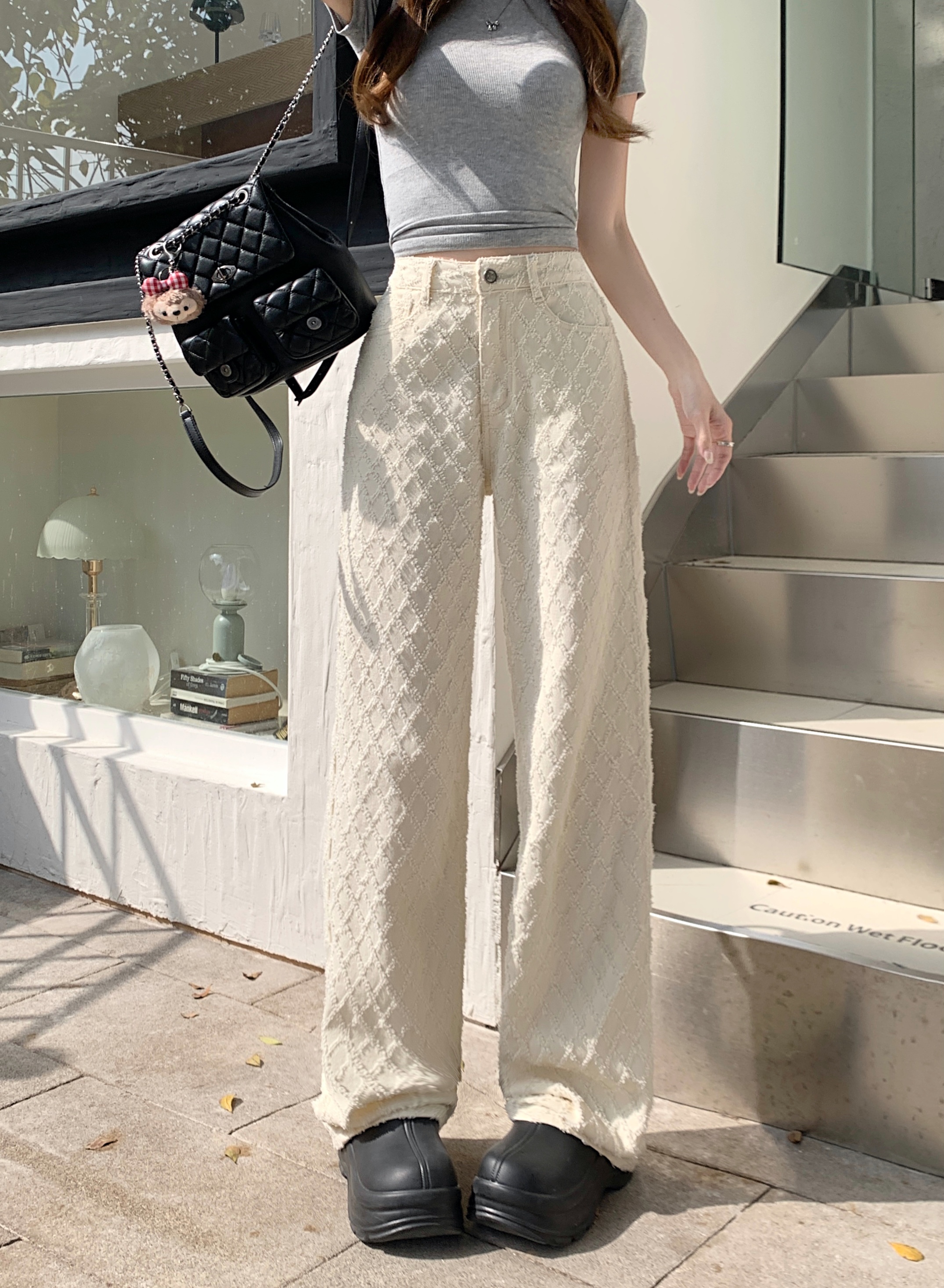 Actual shot ~ white loose new jacquard jeans early spring high-waisted straight floor-length wide-leg pants