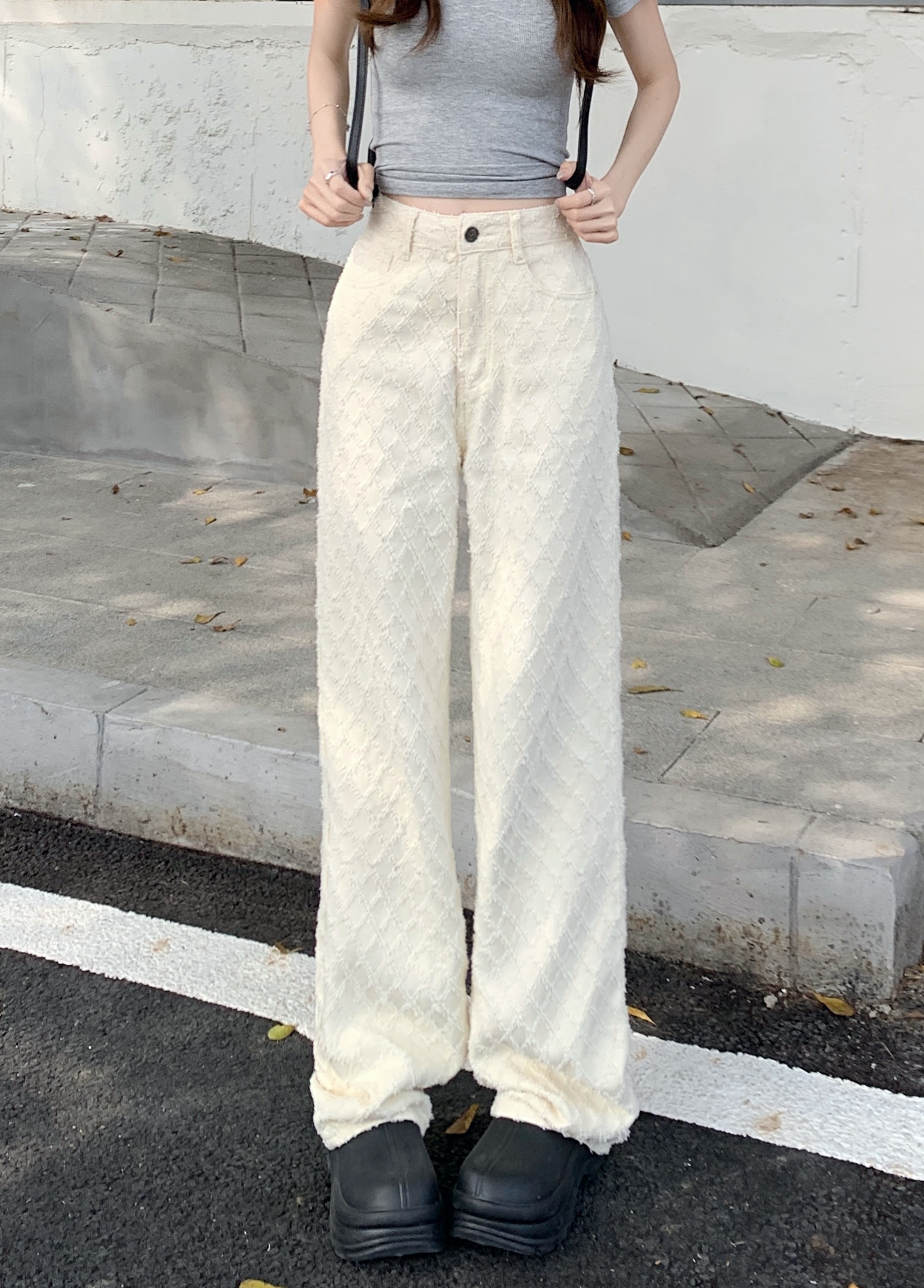 Actual shot ~ white loose new jacquard jeans early spring high-waisted straight floor-length wide-leg pants