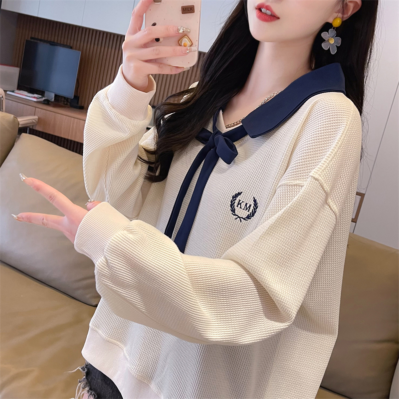 Real shot 2024 spring new Korean style 260g waffle POLO collar contrasting color lace-up thin sweatshirt for women