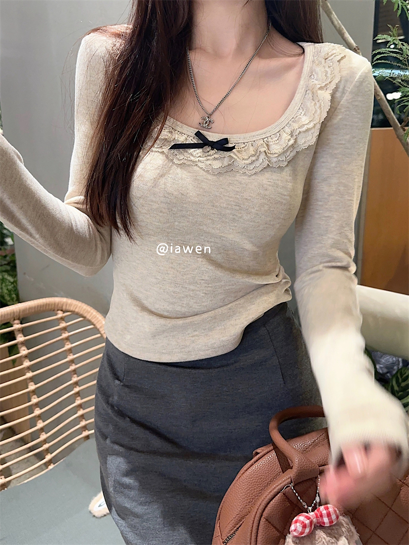 Actual shot: Pure Desire Lace Bottoming Sweater 2024 Early Spring Chic Slimming Short Top