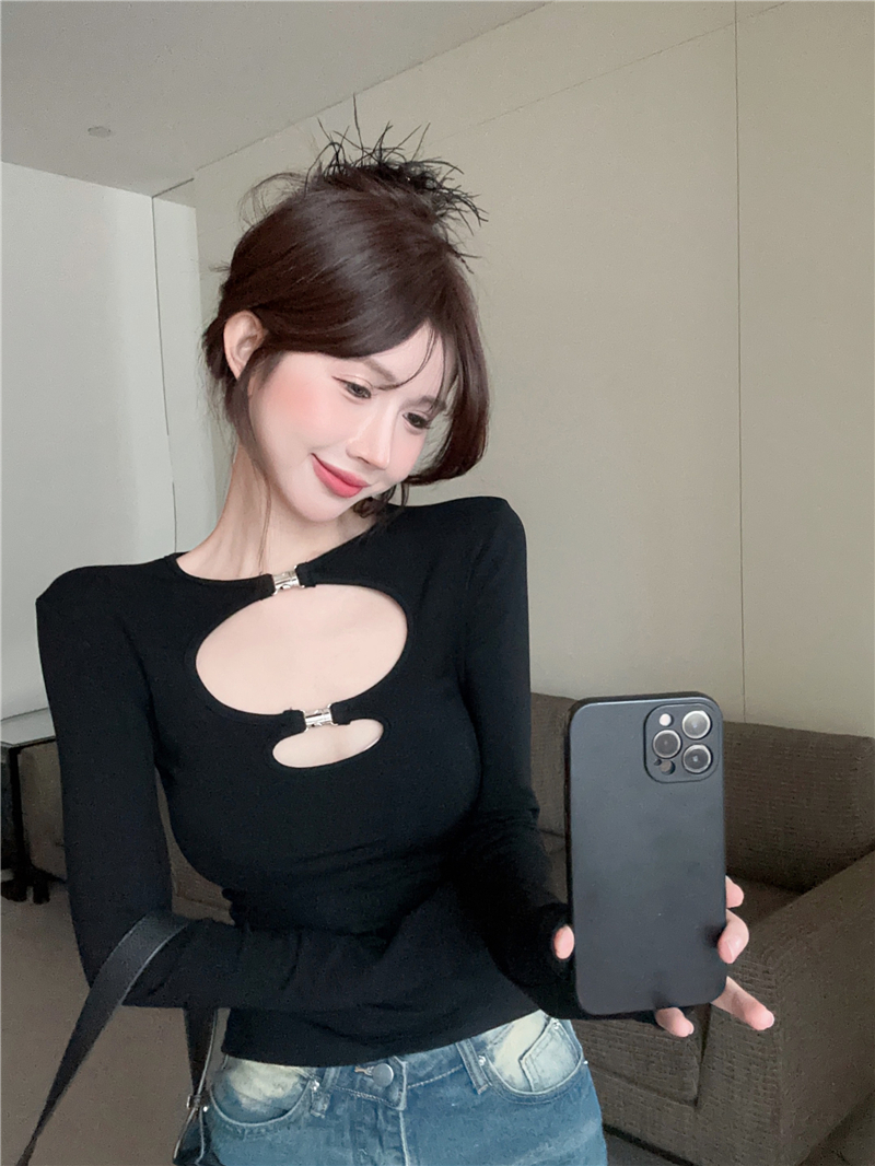 Real shot ~ hot girl long-sleeved slim round neck hollow pure lust atmosphere T-shirt top