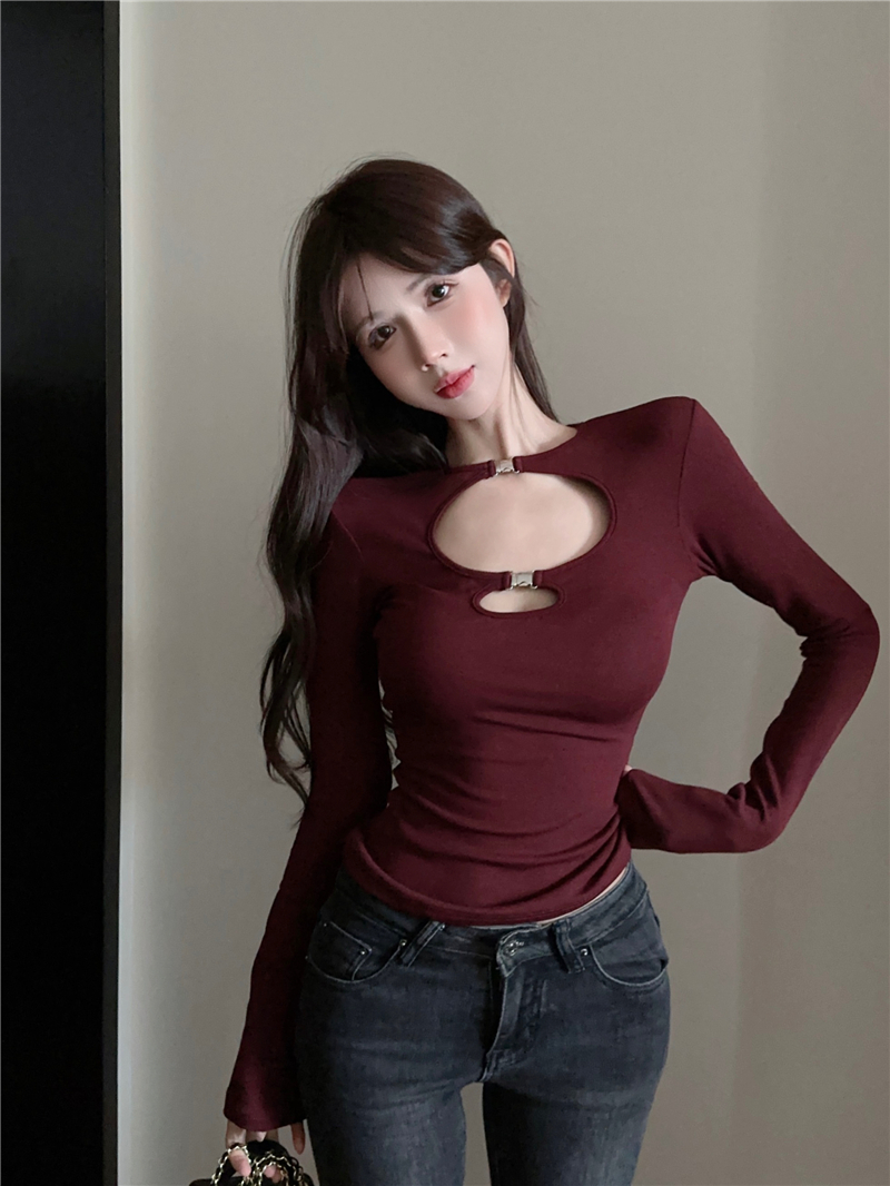 Real shot ~ hot girl long-sleeved slim round neck hollow pure lust atmosphere T-shirt top