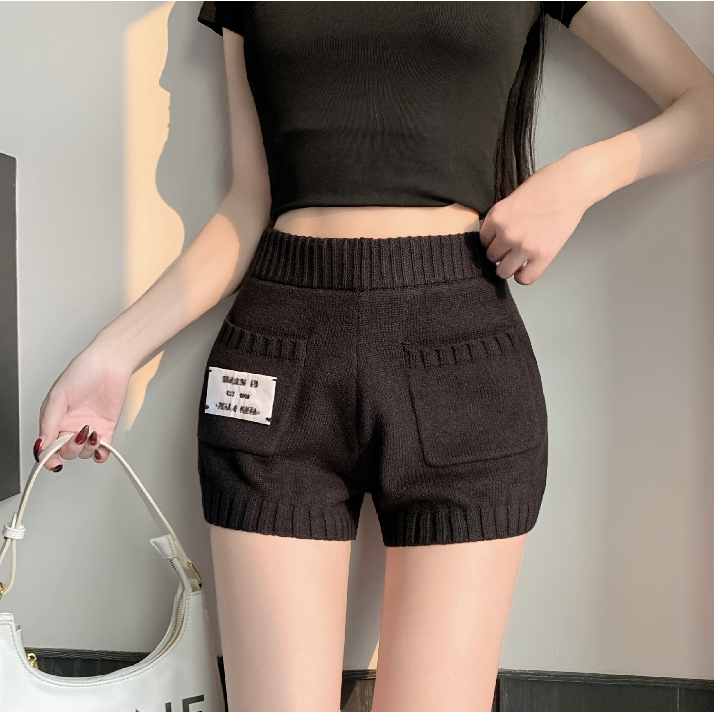 Actual shot of Korean style new temperament versatile outer wear slim letter knitted bottoming casual shorts for women
