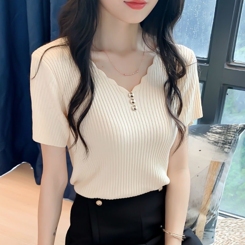 冰絲短袖t恤女2026夏季新款白色V領上衣短款修身半袖針織打底衫薄