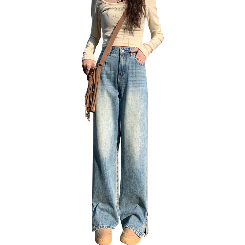 Actual shot of 2024 early spring slimming slit wide-leg straight floor-length denim trousers