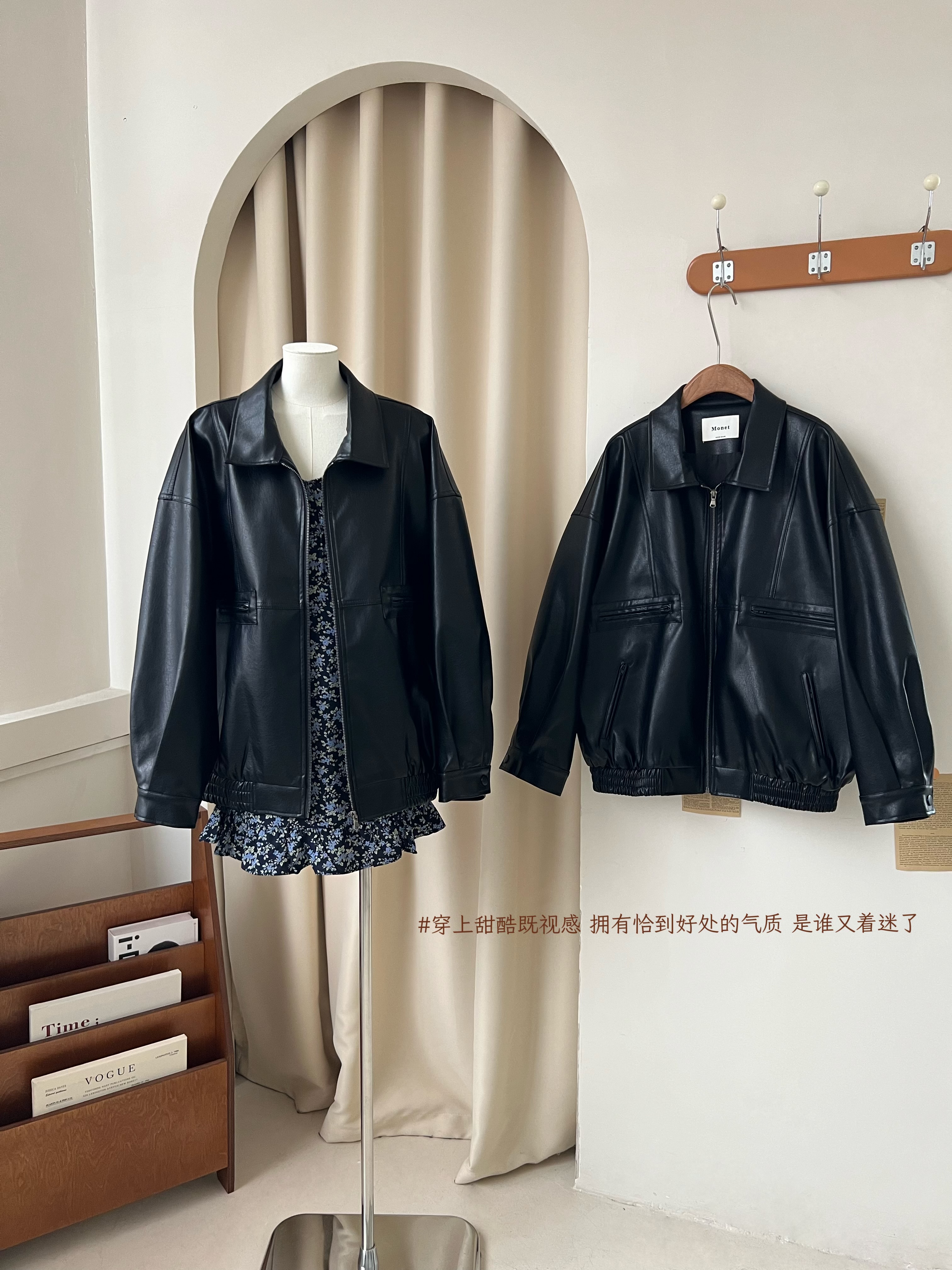 Xinlei Lin spring new silhouette design custom pu retro black leather jacket women's jacket top