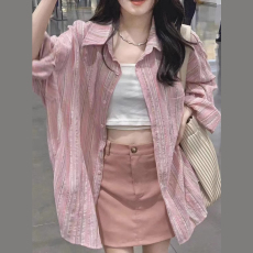 批发2024新款大码女装韩国chic粉色条纹衬衫设计感慵懒风防晒衬衣