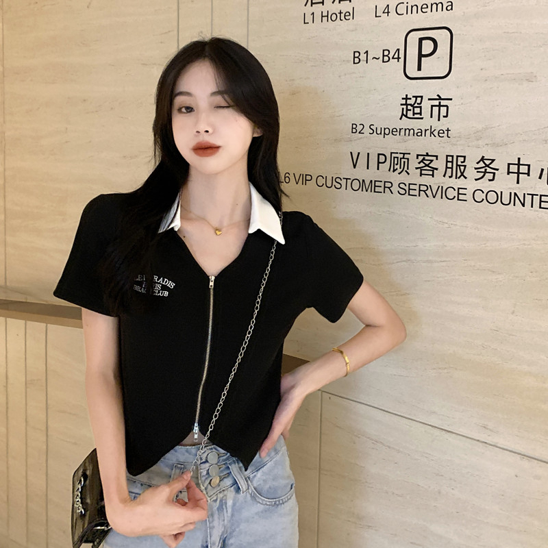 Short zipper top, summer sweet and spicy, slimming, covering irregular belly, polo collar short-sleeved T-shirt for women