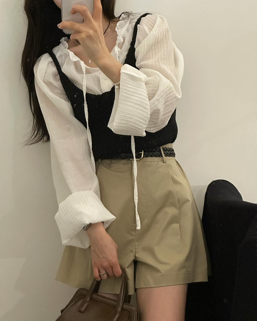 韩国chic早春肌理感 皱皱荷叶边 系带 长袖衬衫女打底衬衣