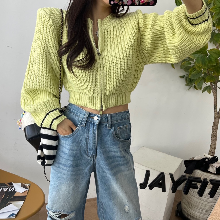 Korean fashion Korean style versatile back letter printed round neck zipper knitted cardigan short jacket