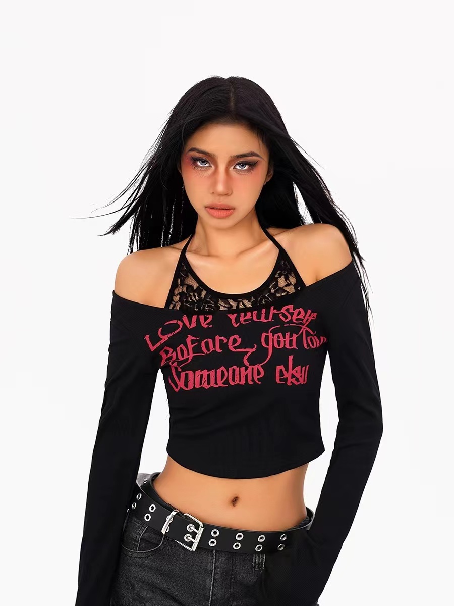 Nico Molly American retro hottie off-shoulder short T-shirt women's bottoming shirt suspender layering fake two-piece top