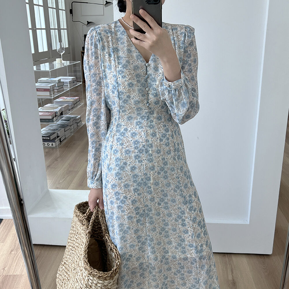 Spring new style French sweet lady V-neck covered button floral versatile temperament waist mid-length dress