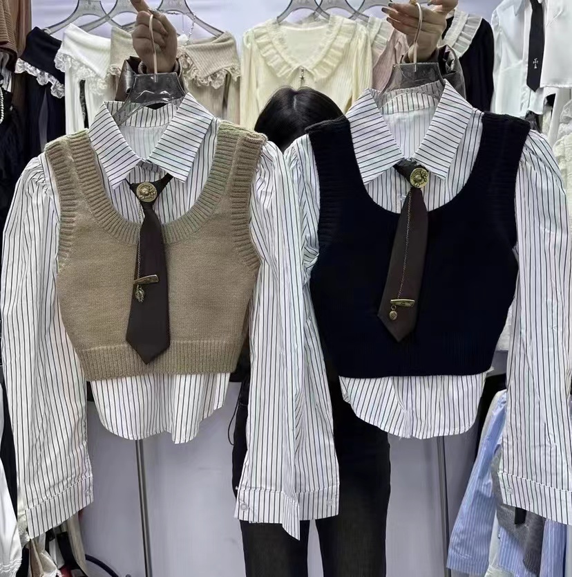 韩版ins设计感条纹衬衫上衣+叠穿短款针织背心两件套装女