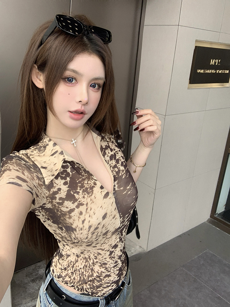 Actual shot of spring new women's animal print tulle jumpsuit