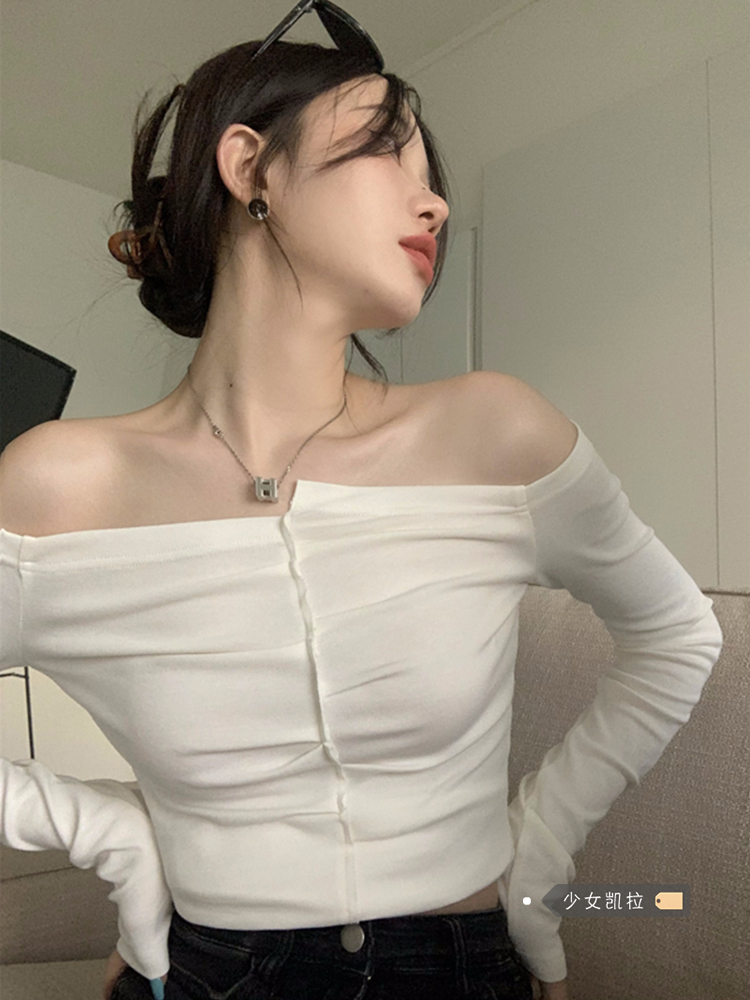 Solid color sweet and spicy one-shoulder slim t-shirt for women long-sleeved inner wear niche pure desire irregular off-shoulder short top