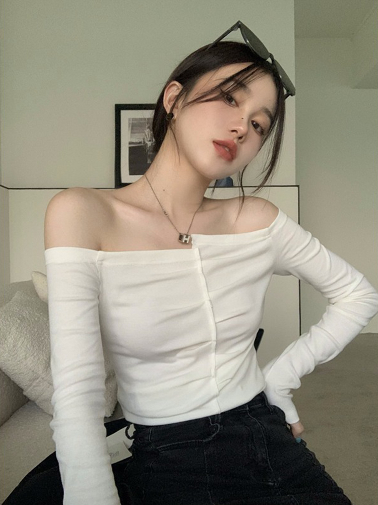 Solid color sweet and spicy one-shoulder slim t-shirt for women long-sleeved inner wear niche pure desire irregular off-shoulder short top