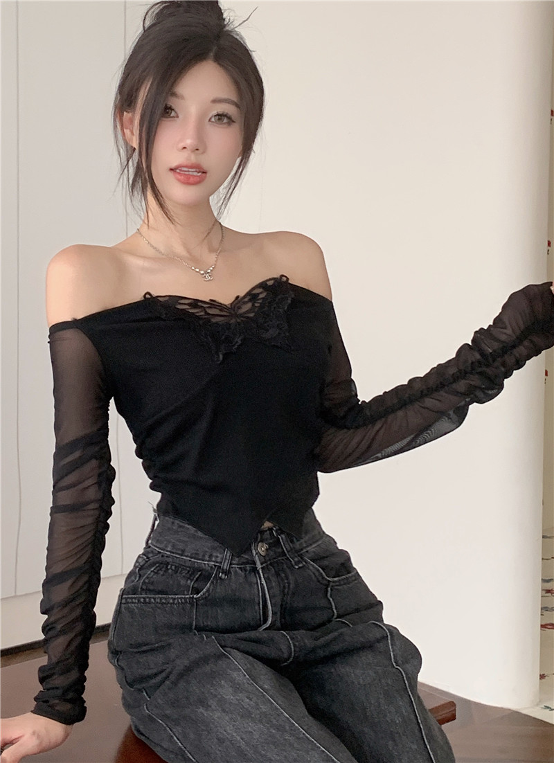 Simple spring new design hot girl pure desire slim bottoming top mesh sleeves high-end top