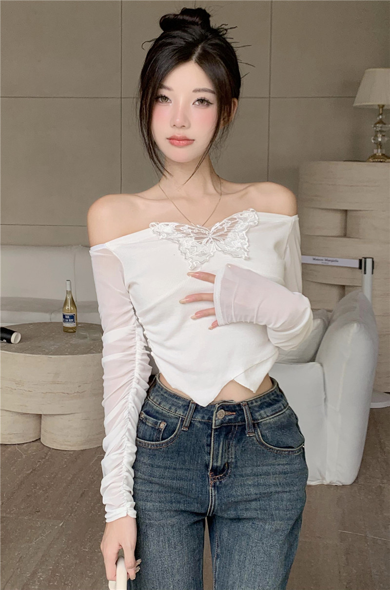 Simple spring new design hot girl pure desire slim bottoming top mesh sleeves high-end top