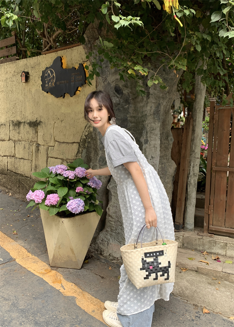 Actual shot Korean style age-reducing back tie round neck pullover sleeveless loose thin transparent flower blouse dress