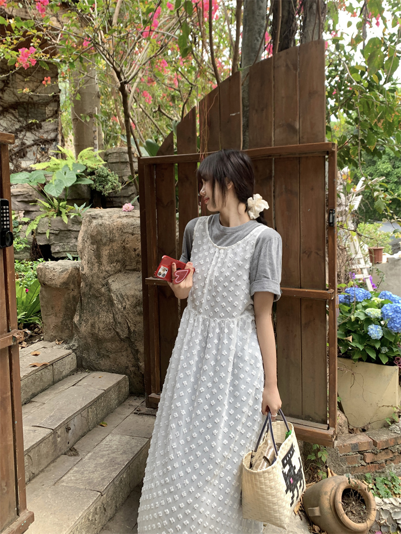 Actual shot Korean style age-reducing back tie round neck pullover sleeveless loose thin transparent flower blouse dress
