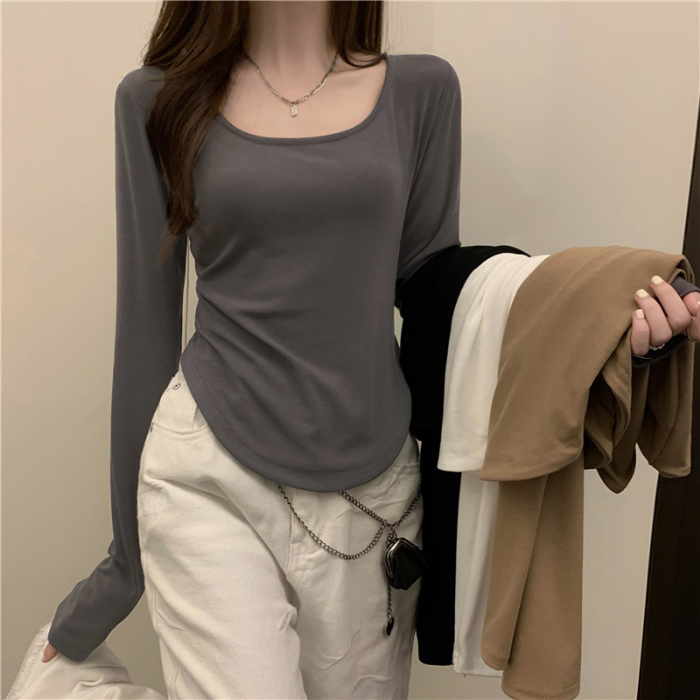 Official picture #Thread 92% rayon 8% spandex low-neck T-shirt long-sleeved solid color slim fit bottoming shirt top