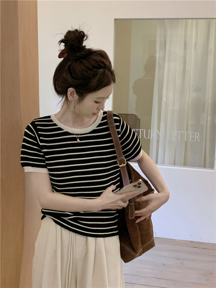 Actual shot Spring~Korean style casual lazy contrasting color striped round neck short-sleeved T-shirt